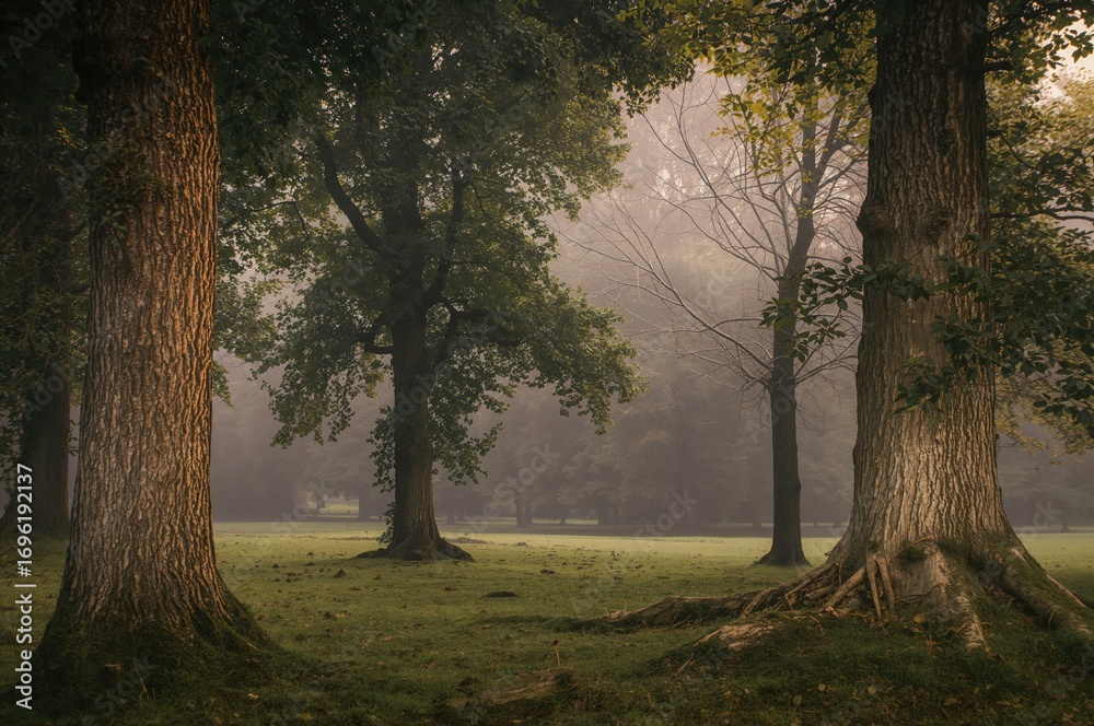 Fototapeta premium Misty forest with tall trees