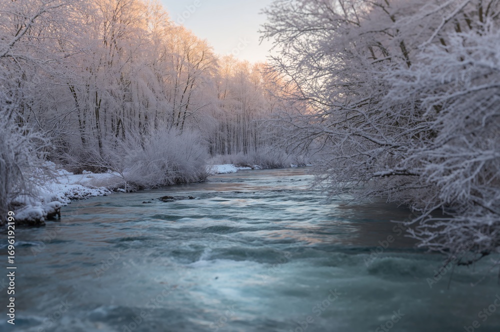Fototapeta premium A swift river winds through a serene winter woodland blanketed in snow and ice-laden trees.