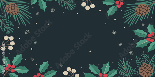 Festive holiday frame with pine cones and berries