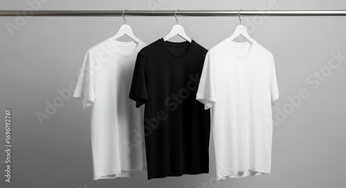 Blank Black and White T-Shirts on Hangers - Clothing Mockup