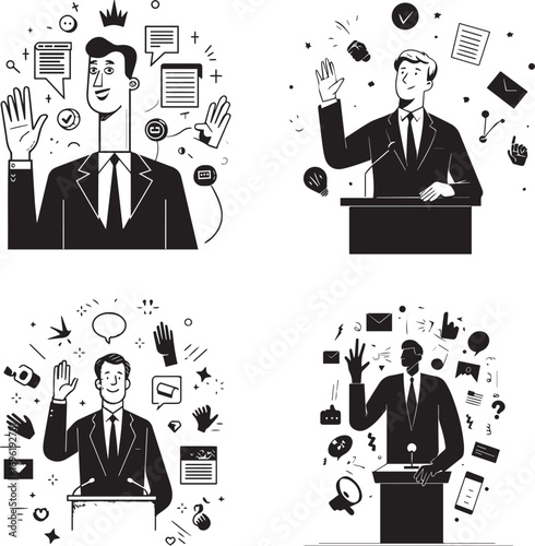 Vector art of politician speaking at a podium with speech bubbles and icons