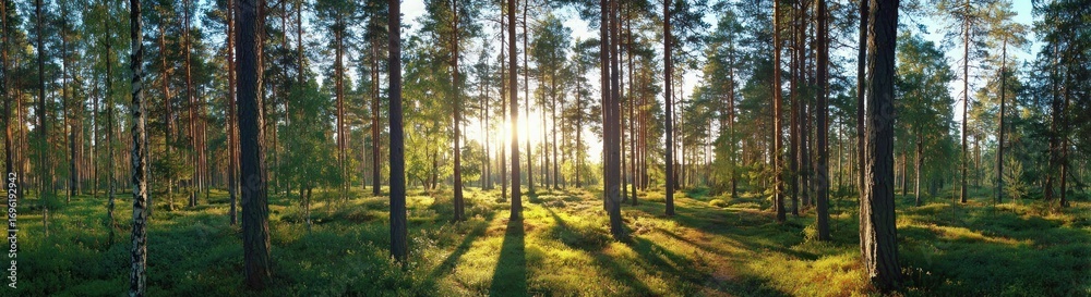 Fototapeta premium Sun shines between trees in serene forest scene, casting long shadows on the green forest floor. Light creates a peaceful, natural atmosphere