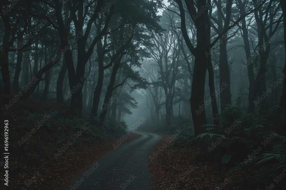 Fototapeta premium A pathway winding through misty and shadowed forest trees