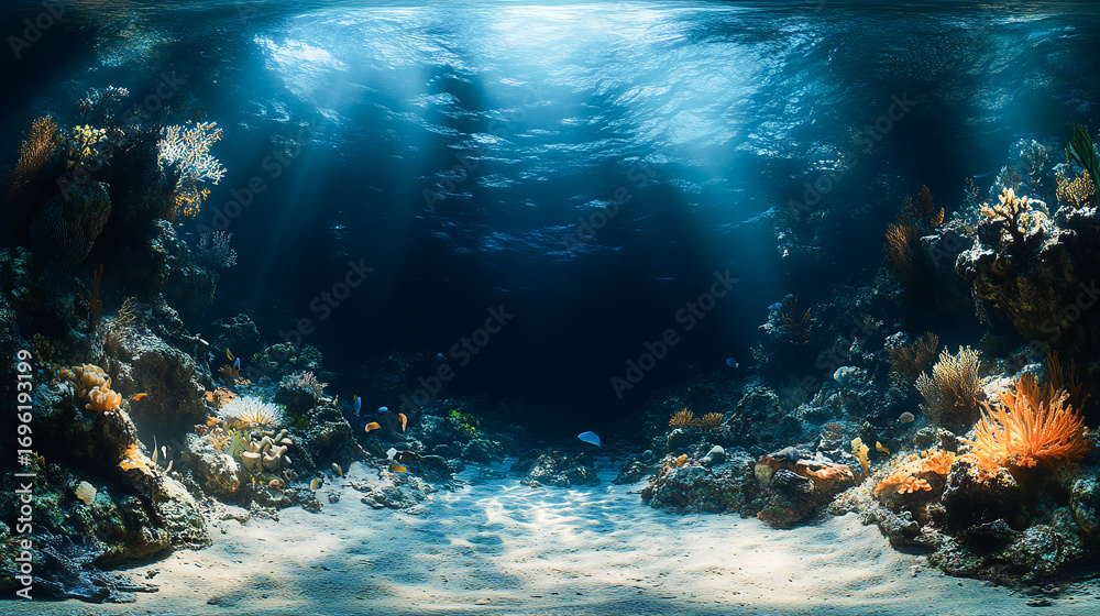 Obraz premium Underwater world 8K v6 360 degree, equirectangular projection, environment map. HDRI spherical panorama