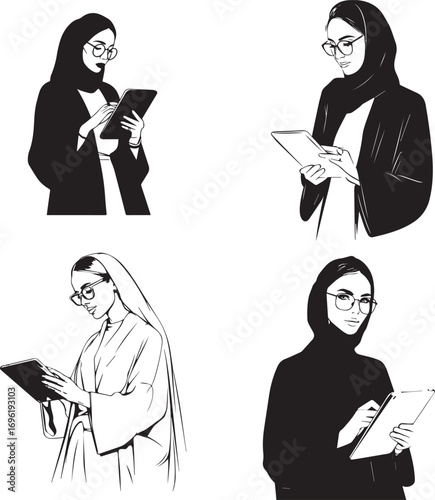 Vector art of four women in hijab reading on tablets