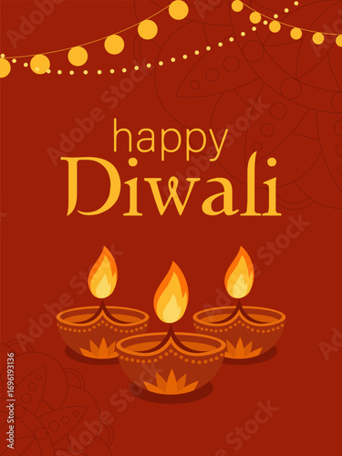 Happy Diwali greeting card with glowing diya lamps, festive lights and mandala background. Vector illustration for festival of lights, holiday poster, banner or invitation.
