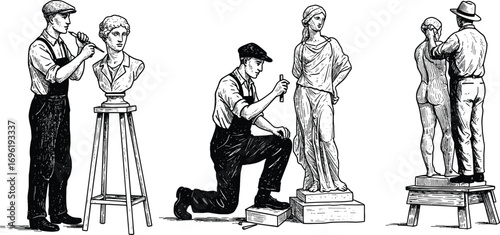 Vintage engraving of skilled sculptors working on classical busts and statues, carving marble and creating detailed art pieces.