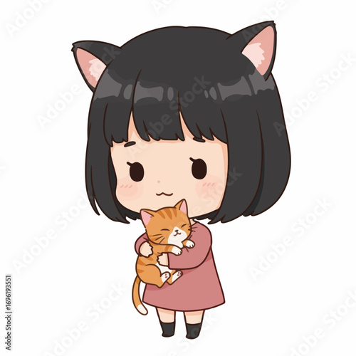 A cute chibi girl with black hair and cat ears holding a ginger tabby kitten.