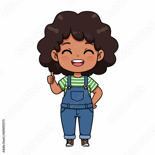 A cute cartoon illustration of a young girl with curly brown hair, wearing denim overalls and a striped t-shirt, giving a thumbs up.