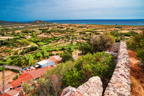 Aerial view of the historical center in Posada, Sardinia Island, Italy