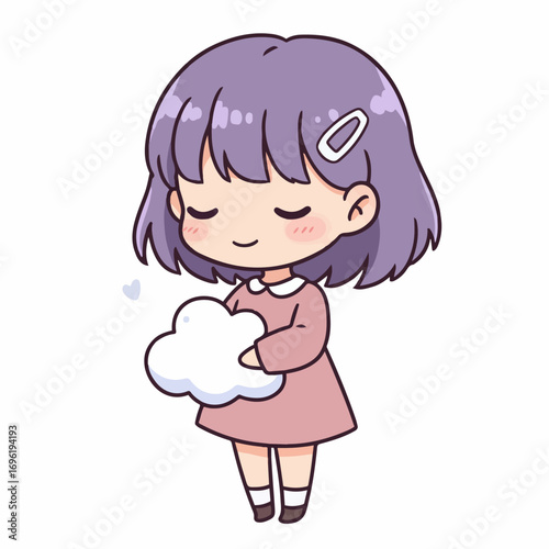 A cute anime girl with purple hair holding a fluffy cloud.