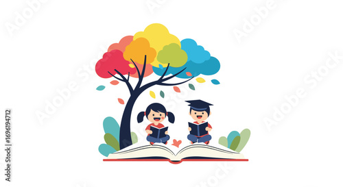 Two young students sitting on an open book under a colorful tree enjoying knowledge and learning together in a whimsical illustration