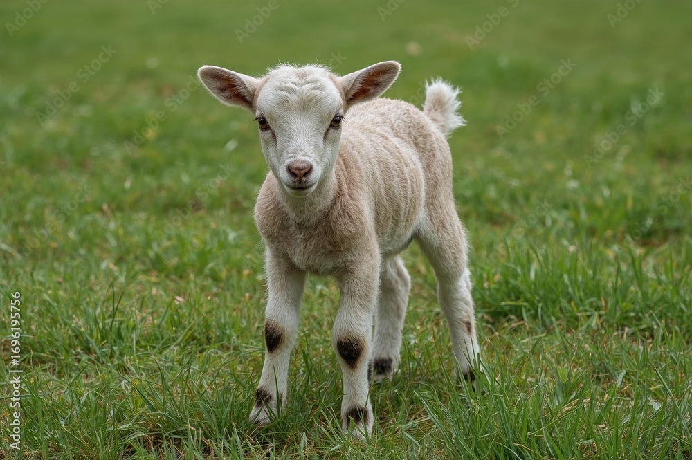 Fototapeta premium A newborn kid standing on lush grass with ample space for text, featuring nature, farm life, and youth