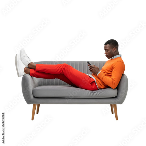 Stylish african american man relaxing on couch with smartphone in studio ambiance