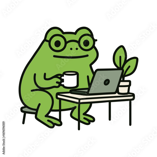 Cartoon frog with glasses working on laptop and holding coffee mug at desk. Remote work and home office concept.