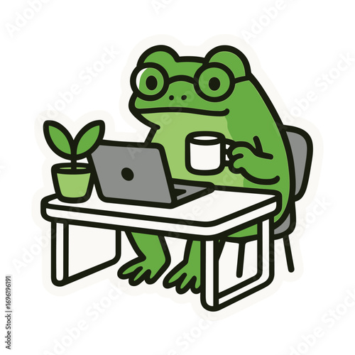 Cartoon frog with glasses working on laptop and holding coffee cup at desk. Remote work and productivity concept.