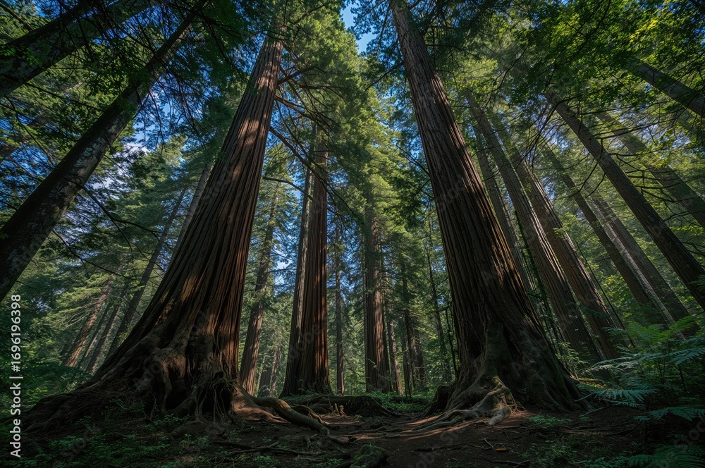 Naklejka premium A dense woodland filled with towering redwood trees, their canopy partially veiling the sky