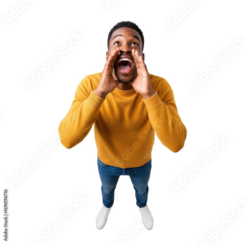 African American man yells upward with hands around mouth on black background