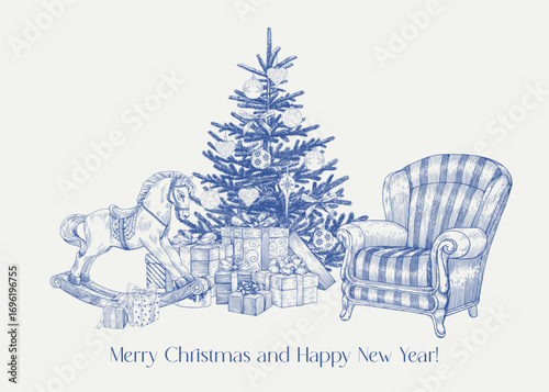 Vintage illustration Christmas tree with gifts boxes, rocking horse, armchair, balls.Toile Blue beige Hand drawn engraved elements. Vector background for design holiday decor, new year greeting card
