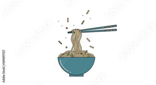 A delicious bowl of noodles being lifted by chopsticks with some particles flying around