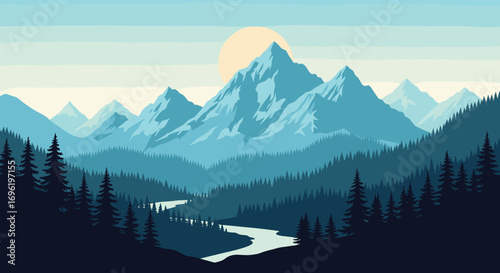 Serene mountain range with winding river under a gentle sun and vast forests in the foreground