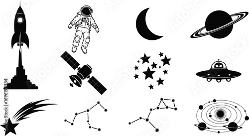 Collection of space exploration elements, featuring a rocket, astronaut, planets, stars, and celestial bodies