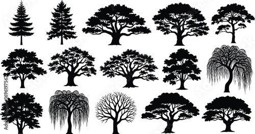 Collection of diverse tree silhouettes, showcasing various shapes and sizes, perfect for landscape design and botanical studies