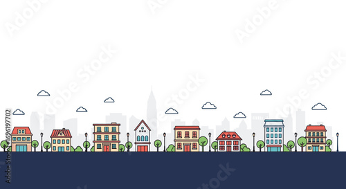 Charming urban neighborhood with diverse buildings and green spaces under a clear sky with silhouetted skyscrapers in the distance