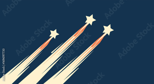 Three whimsical stylized stars ascend with fiery trails across a deep blue expanse inspiring dreams of achievement and aspiration