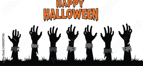 Happy halloween with zombie hands, featuring spooky lettering and reaching undead limbs for a chilling holiday celebration design