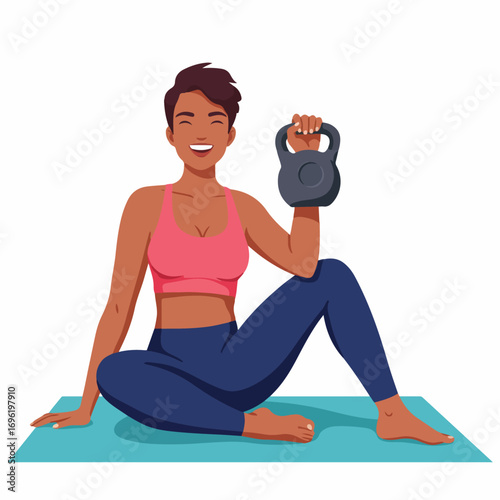 A smiling woman with short hair sits on a yoga mat holding a kettlebell.