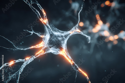 Neuron transmitting signals in nervous system, microscopic close up