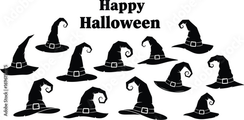 A collection of witch hats with happy halloween text, perfect for spooky season decorations and halloweenthemed designs