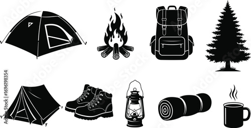 Camping equipment set, featuring a tent, campfire, backpack, pine tree, boots, lantern, sleeping bag, and coffee mug