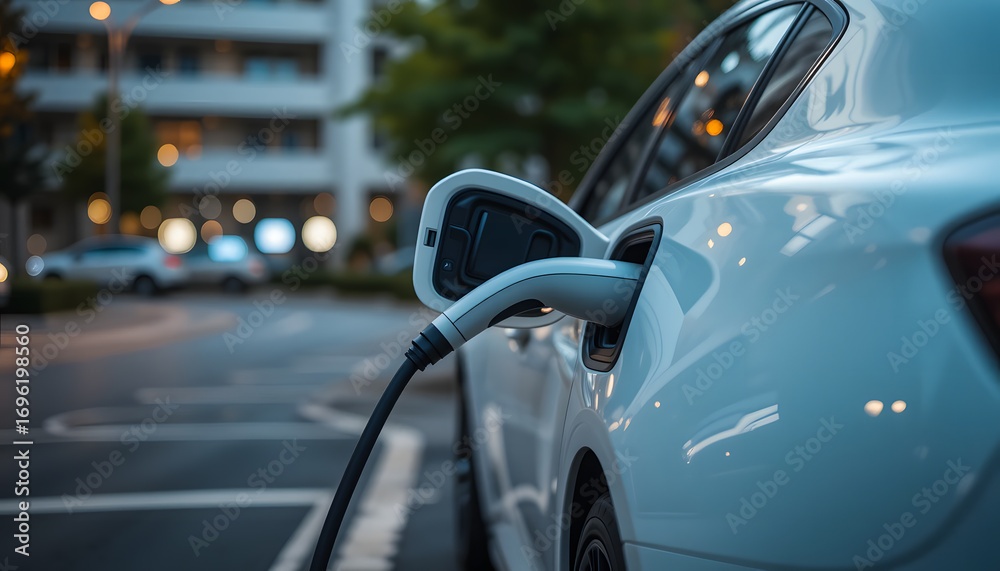 Fototapeta premium A standard EV charger connected to a white electric car, highlighting the convenience of residential charging.
