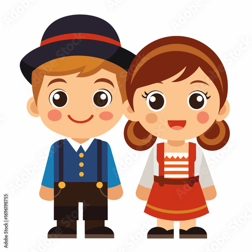 Adorable Cartoon Children in Traditional Costumes