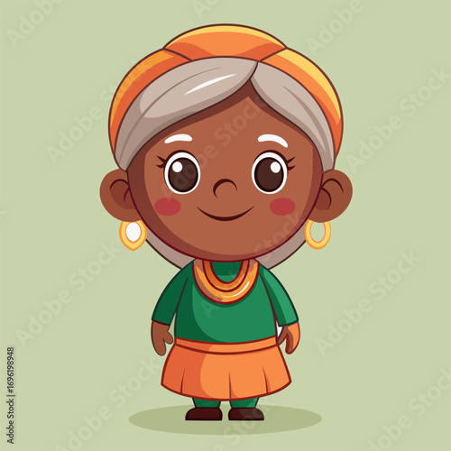 Smiling Cartoon African Grandmother in Traditional Clothing