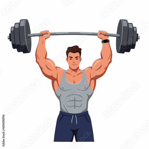 A muscular man in a grey tank top and blue shorts is lifting a heavy barbell overhead with both hands.