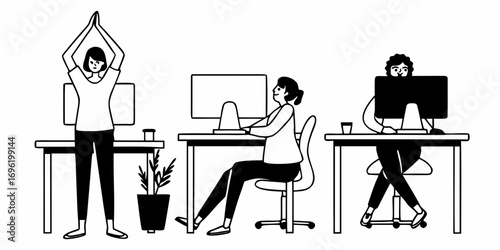 Three people working at desks with computers and a plant in a black and white line drawing style