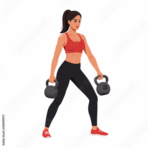 A fit woman with a ponytail in athletic wear is performing a kettlebell workout, holding one in each hand.