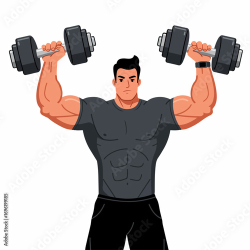 A muscular man with dark hair and a grey t-shirt is lifting two dumbbells above his head with both hands.