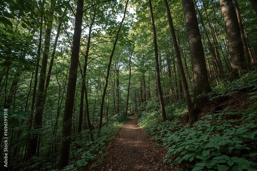 Fototapeta premium A slim path winding up to a woodland bridge