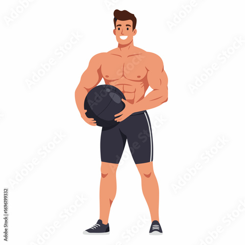 A muscular man in athletic shorts holding a medicine ball, ready for a workout.