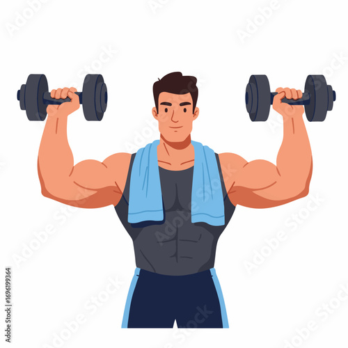 A muscular man with a towel around his neck is lifting dumbbells during a workout.