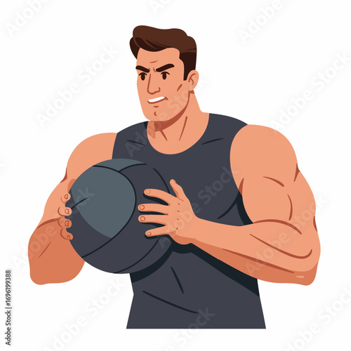 A muscular man in a black tank top holding a medicine ball, ready for a workout.