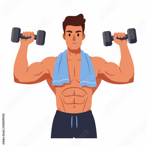 A muscular man with a towel around his neck is lifting dumbbells, showcasing his fitness and strength.