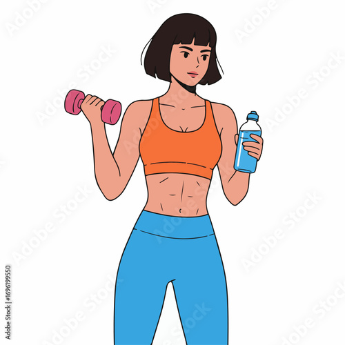 A fit woman with short dark hair, wearing an orange sports bra and blue leggings, holds a pink dumbbell in one hand and a blue water bottle in the other.
