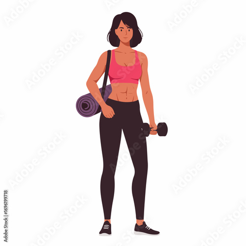 A fit woman in athletic wear holding a dumbbell and carrying a yoga mat over her shoulder.