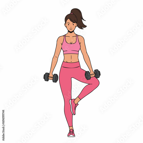 A woman in athletic wear performs a single-leg dumbbell exercise, balancing with weights in each hand.
