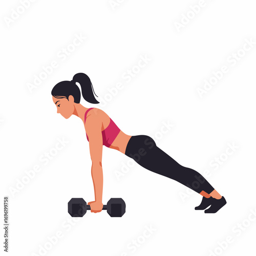 A woman in athletic wear performs a plank exercise with a dumbbell under one hand, demonstrating a core strength workout.